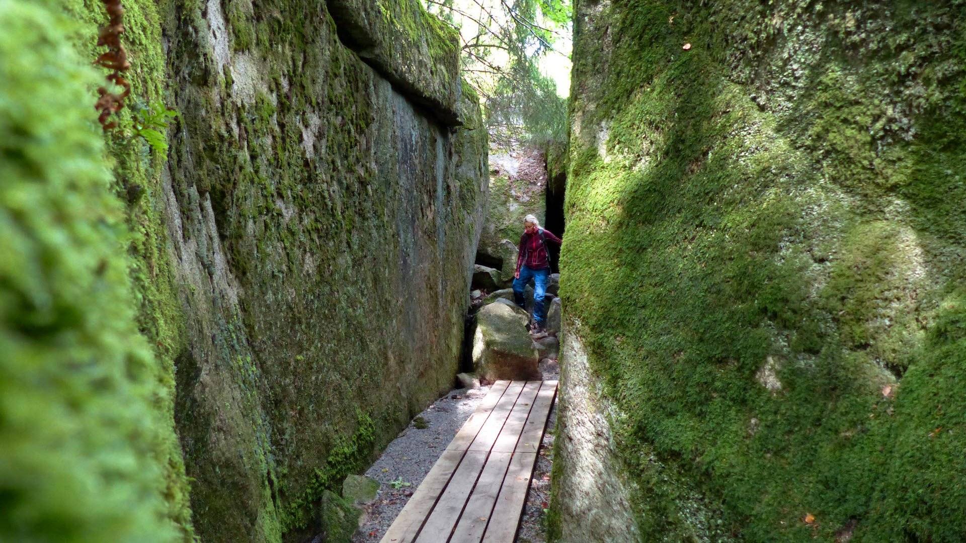 Bergsskrevan med en besökare som tar sig fram. Åsnens nationalpark, Sverige.